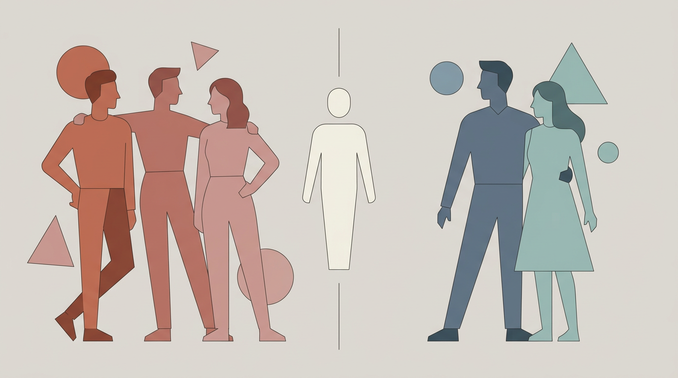 Dinâmica de grupo ilustrada: amigos e casal em lados opostos revelando autoconhecimento