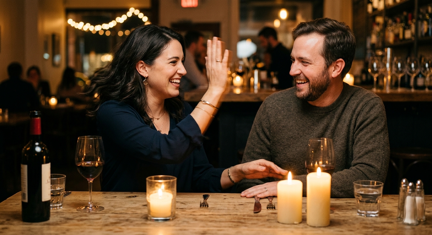 Casal jogando Eu Nunca Eu Já à luz de velas com gestos animados
