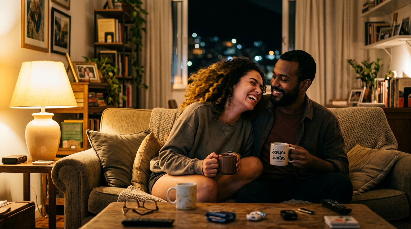 Casal em conversa íntima e descontraída sobre desejos e comunicação no relacionamento