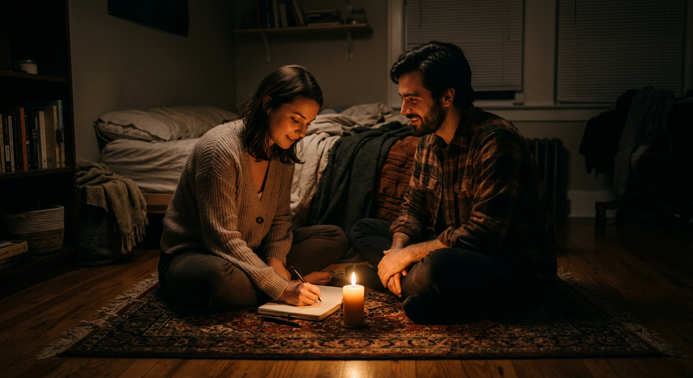 Casal adulto jogando quiz de intimidade com caderno à luz de vela no quarto