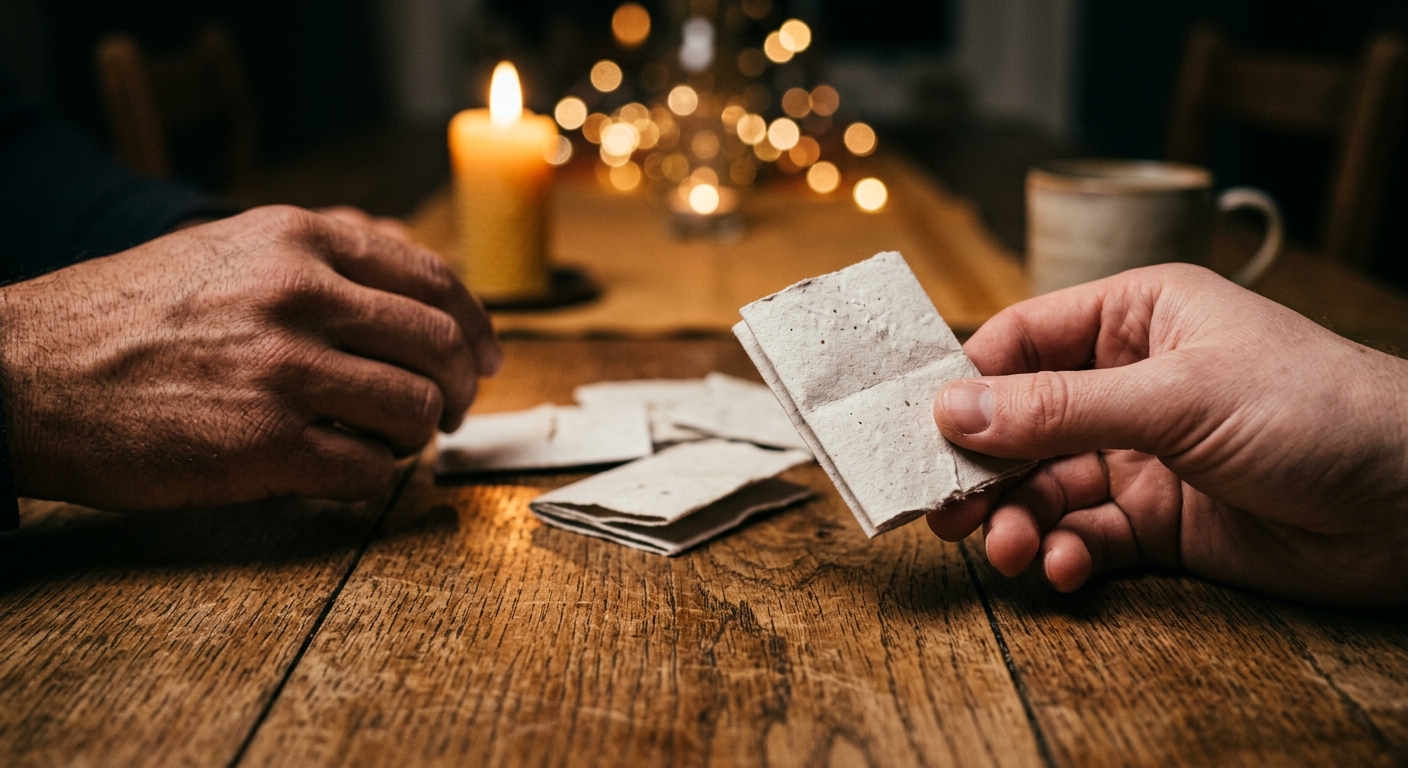 Casal abrindo perguntas dobradas em papel durante noite a dois com humor