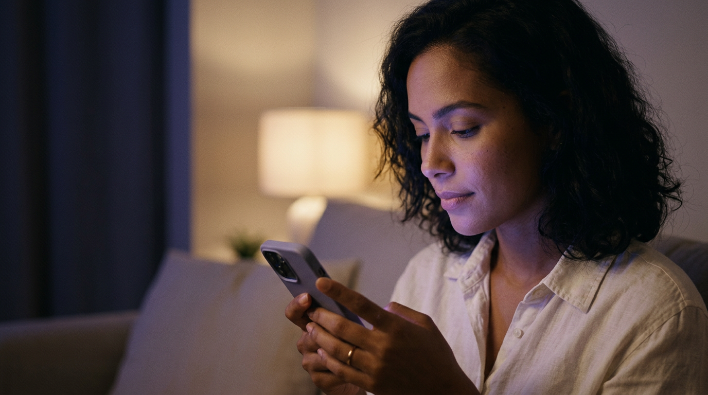 Mulher brasileira segurando o celular iluminado à noite, conversando sobre perguntas para casal