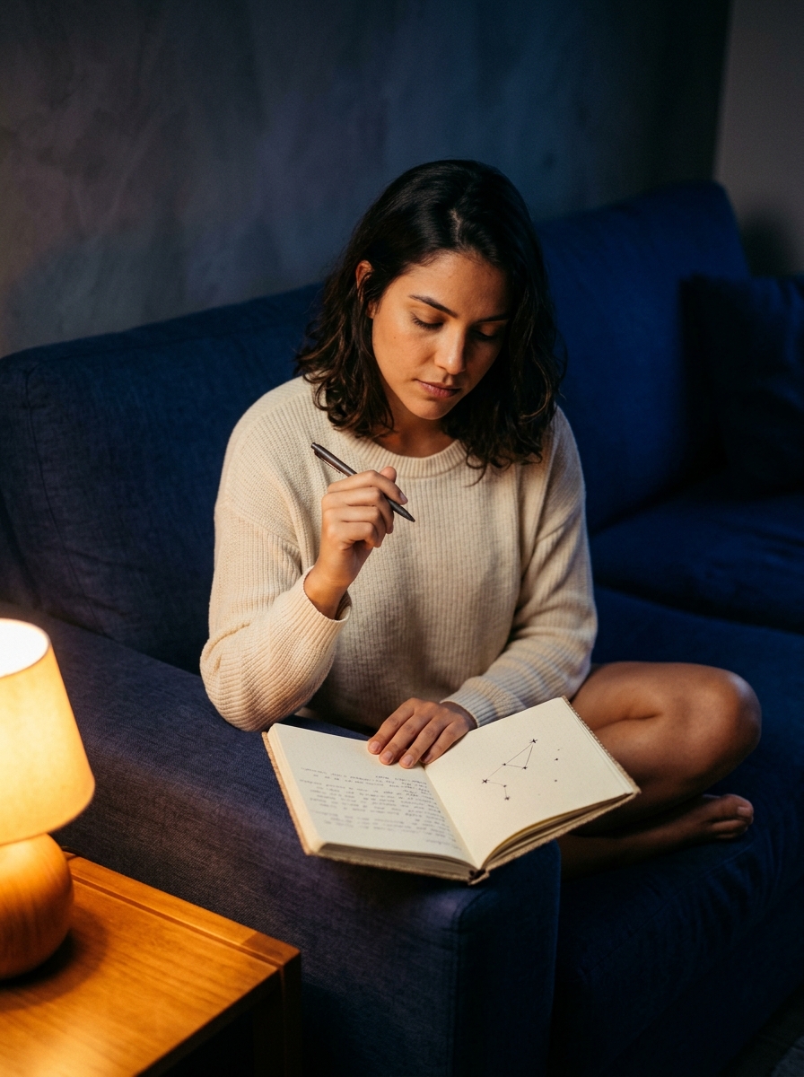 Mulher escrevendo as respostas das perguntas para casal em um caderno, à luz quente do abajur